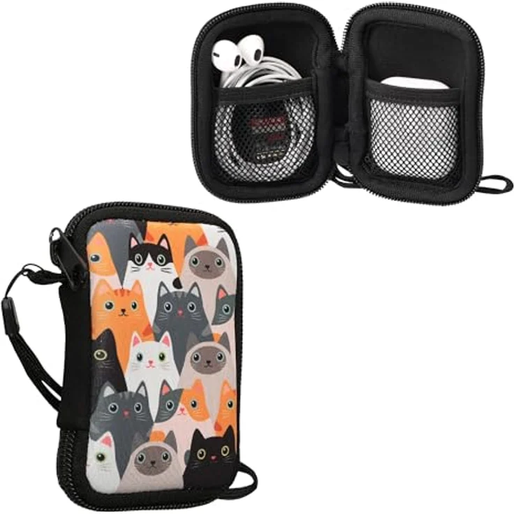 kwmobile In-Ear Kopfhörer Tasche - Neopren Cover Case - 6 x 9 cm - Orange Schwarz Weiß – Bild 1