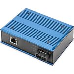 DIGITUS industrieller Gigabit Medien Konverter - 1x RJ45, 1x SC-Duplex 1310nm -Singlemode Faser - 20 km Reichweite - 10/100/1000 Mbps - Hutschienenmontage - schwarz/blau