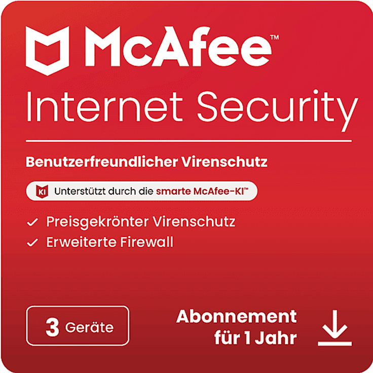 McAfee Internet Security, 3 Geräte, 1 Jahr, Download Code - Preisgekrönter Virenschutz, Multiplattform für PC, iOS, Mac und Android
