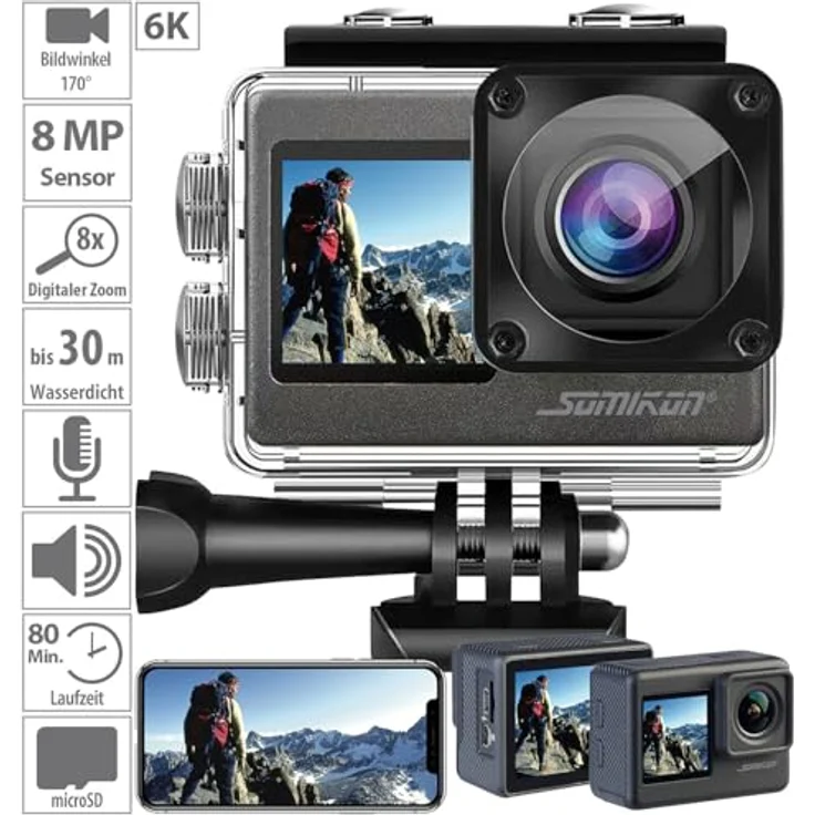 Somikon Action Kamera: 6K-Actioncam mit 2 Farbdisplays, WLAN, Bildstabilisierung, Sony-Sensor (Outdoor-Sportkamera, Action-Kamera wasserdicht, Fahrrad) – Bild 3
