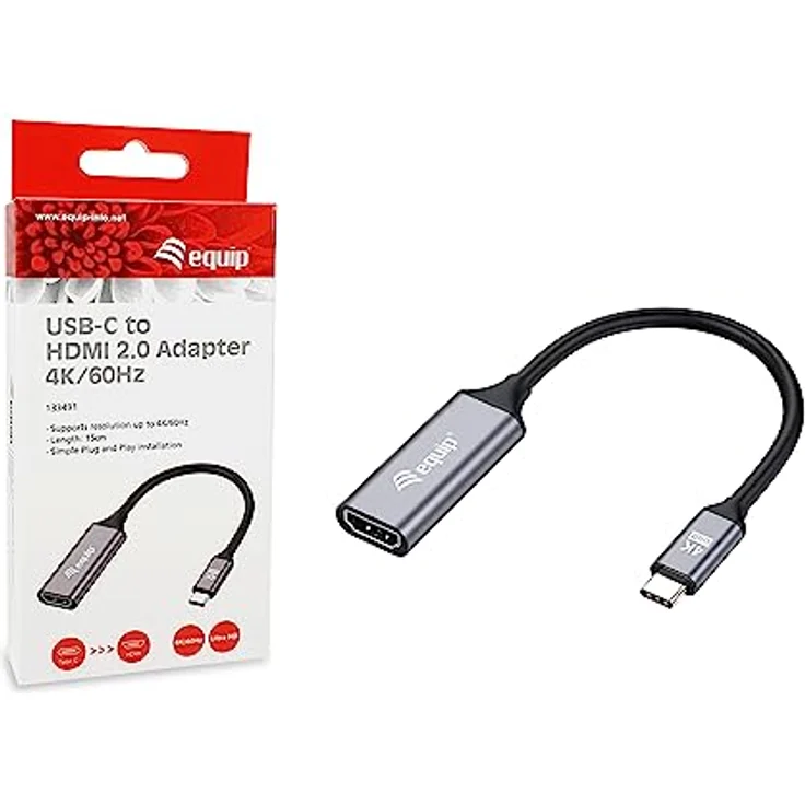 Equip 133491 USB-C-auf-HDMI-2.0-Adapter, 4K/60Hz mit vergoldeten Anschlüssen, 15 cm Kabellänge, Aluminiumgehäuse – Bild 2