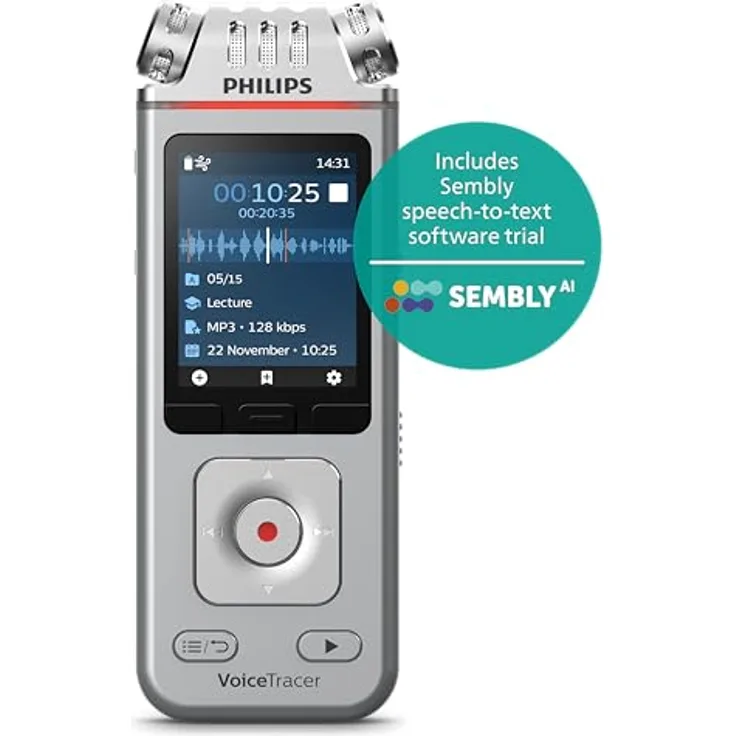 Philips DVT4115 VoiceTracer Audiorecorder mit cloudbasierter Spracherkennung von Sembly, 8 GB interner Speicher, Stereo-Mikrofone, MP3- und PCM-Stereoaufnahmen - Preisvergleich