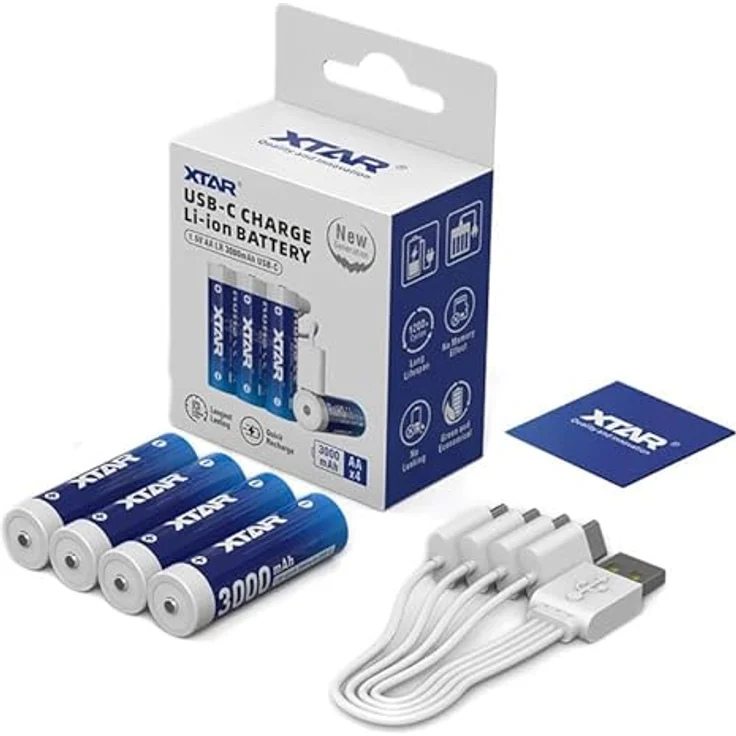 XTAR Wiederaufladbare AA-Batterien, 3000 mAh Lithium-Ionen, USB-C, 1,5 V, lineare Entladungskurve für angeschlossene Schlösser – Bild 1