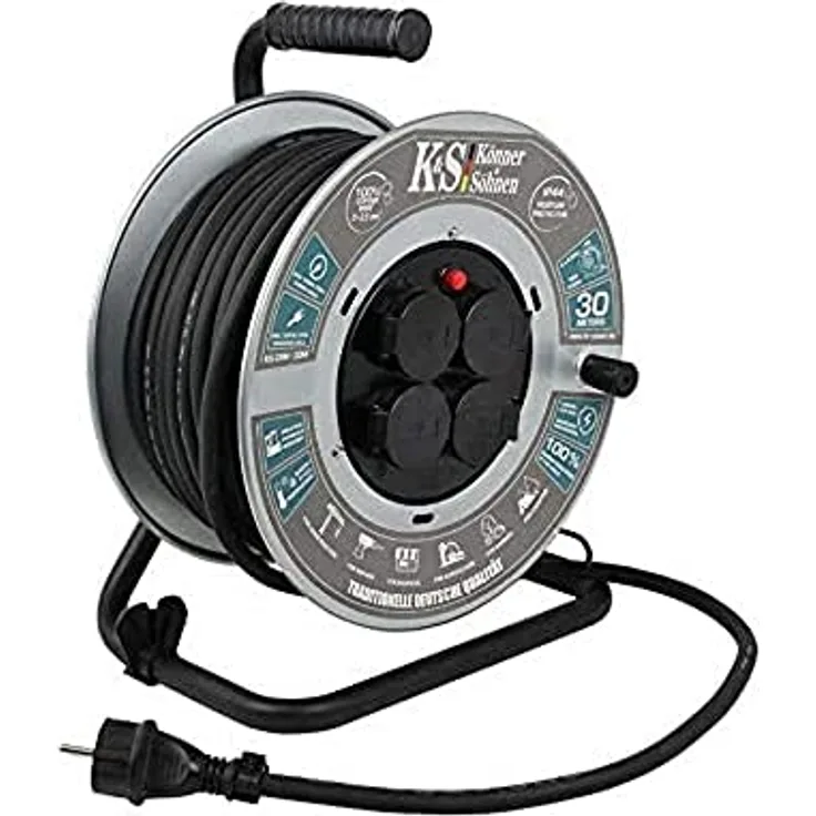 K&S Könner&Söhnen Verlängerungskabel-Trommel KS CRM-30M, 30 Meter, 4-fach Steckdose, ergonomischer Gummigriff, 100% Kupferdraht