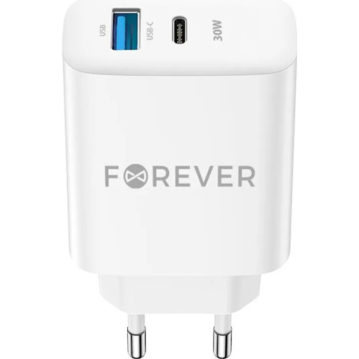 FOREVER TC-07-30AC PD QC Ladegerät 1x USB-C 1x USB 30W weiß, Universelles Schnellladegerät mit Power Delivery System