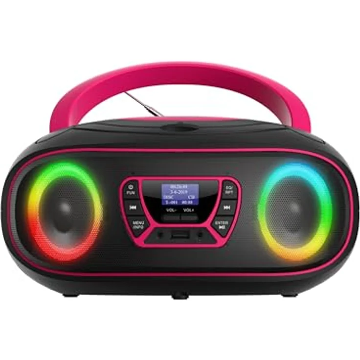 Denver TDB-212 DAB+ Boombox | Retro-Design mit Bluetooth, USB, CD-Player und AUX-Anschluss | Digitalradio DAB+/FM mit LCD-Display und MP3-Wiedergabe | Lichteffekten (Pink) – Bild 2