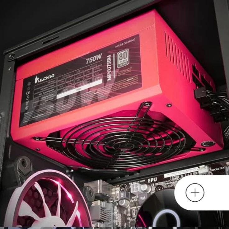 MARSGAMING MPVU750M, Vollmodulares 750W ATX-Netzteil, 10 Jahre Garantie, 80Plus Silber +87% Wirkungsgrad, 140mm FDB-Lüfter mit AI-RPM Technologie, Japanische 105° Kondensatoren, Rot – Bild 2