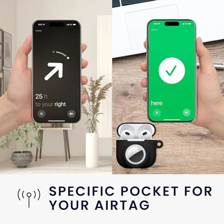 kwmobile 2-in-1 Hülle für Apple AirPods 4 und AirTag, weiche Silikon Schutzhülle mit Karabiner - Schwarz – Bild 5