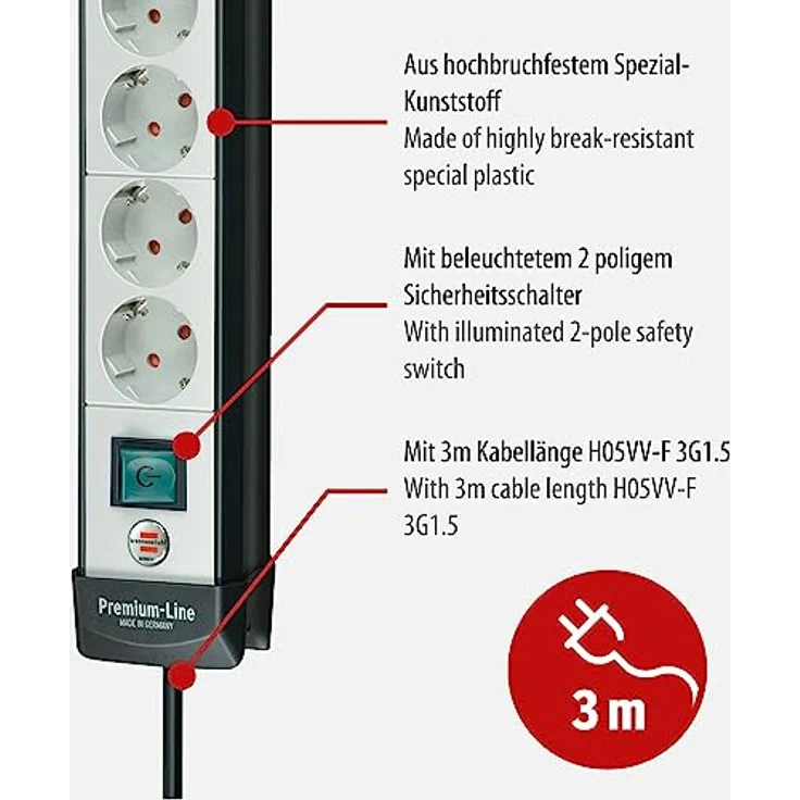 Brennenstuhl Premium-Line, Steckdosenleiste 10-fach (Steckerleiste mit Schalter und 1,8m Kabel - 45° Winkel der Schutzkontakt-Steckdosen, Made in Germany) schwarz-grau – Bild 3
