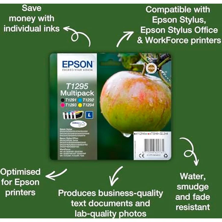Epson Original T1291 Apfel Tinte (SX420W BX320FW SX620FW BX-SX525WD BX625FWD BX305FW B42WD BX925FWD BX635FWD BX535WD SX435-440W BX630FW SX235W WF7015 7515 7525 3010 3520 3540) schwarz – Bild 3