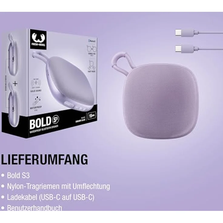 Fresh n Rebel Bold S3, 5 W Bluetooth Lautsprecher mit IPX6 Schutz, bis zu 15 h Akkulaufzeit, USB-C, Dreamy Lilac – Bild 9