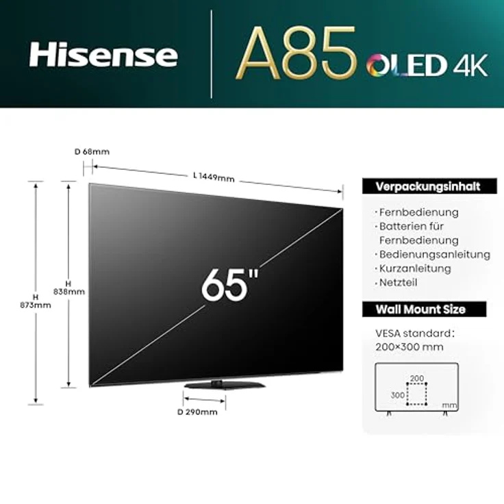 Hisense 65A85N 164cm (65 Zoll) 4K UHD OLED Smart TV, Game Mode Pro, Dolby Vision IQ & Atmos, Alexa Built-in, Schwarz, [2024] – Bild 2