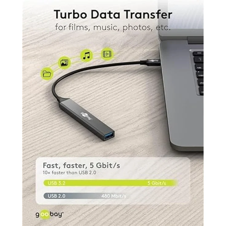 goobay 4-Port USB 3.2 Hub Slim, USB Verteiler mit USB-C zu 3X USB-A und 1x USB-C, 5 Gbits USB Splitter, Aluminiumgehäuse - 74459 – Bild 5