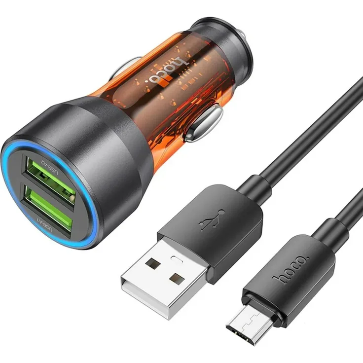 Hoco Autoladegerät 2 x USB QC 18W + USB-Kabel für Micro NZ12 transparent orange