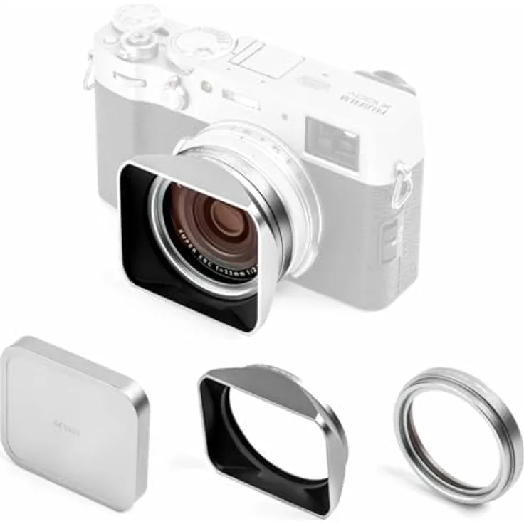 NiSi UV-Filter Set für Fuji FUJIFILM X100VI / X100V / X100T / X100S / X100F / X100 Serie inkl. UV Filter mit 49mm Adapterring, Rechteckig Streulichtblende und Objektivdeckel (Silber)