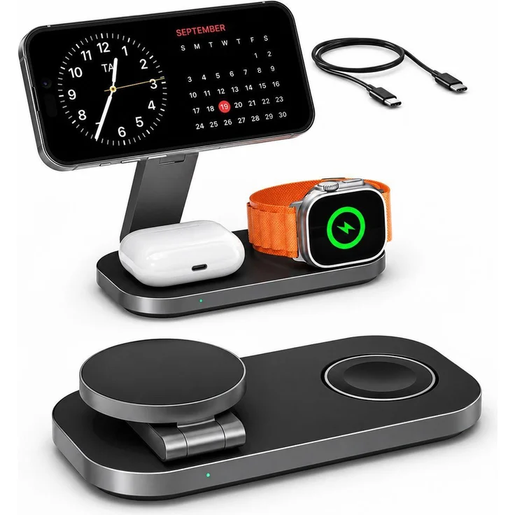 RUHE 3-in-1 Qi2 MagSafe Ladestation mit 25W Schnellladefunktion für iPhone, Apple Watch und AirPods, faltbares Design, sicherer Überspannungsschutz