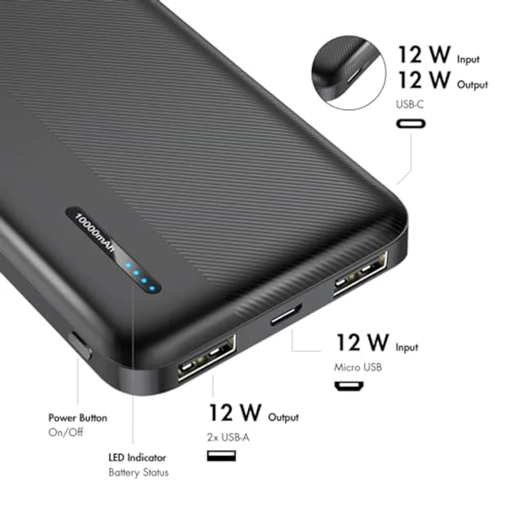 LogiLink PA0338RF Powerbank 10.000 mAh, Schnellladen, 2x USB-A, 1x USB-C, kompakt, schwarz – Bild 4