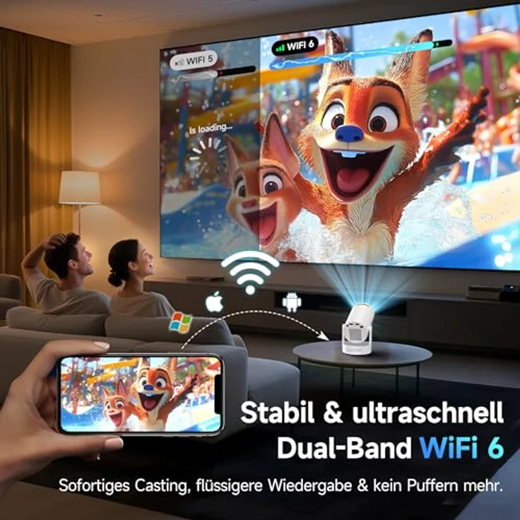 Philoent Mini Beamer, Smart Projektor 4K/1080P mit WiFi 6, Bluetooth 5.4, Auto Screen Trapezkorrektur, Ultrakurzdistanz, leiser Betrieb – Bild 3