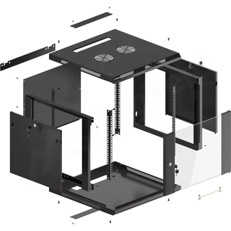 Lanberg WF01-6609-10B Rack 9U Wandmontiertes Regal Schwarz, Serverschrank aus Stahl und gehärtetem Glas, 60 kg Tragfähigkeit, IP20 – Bild 6