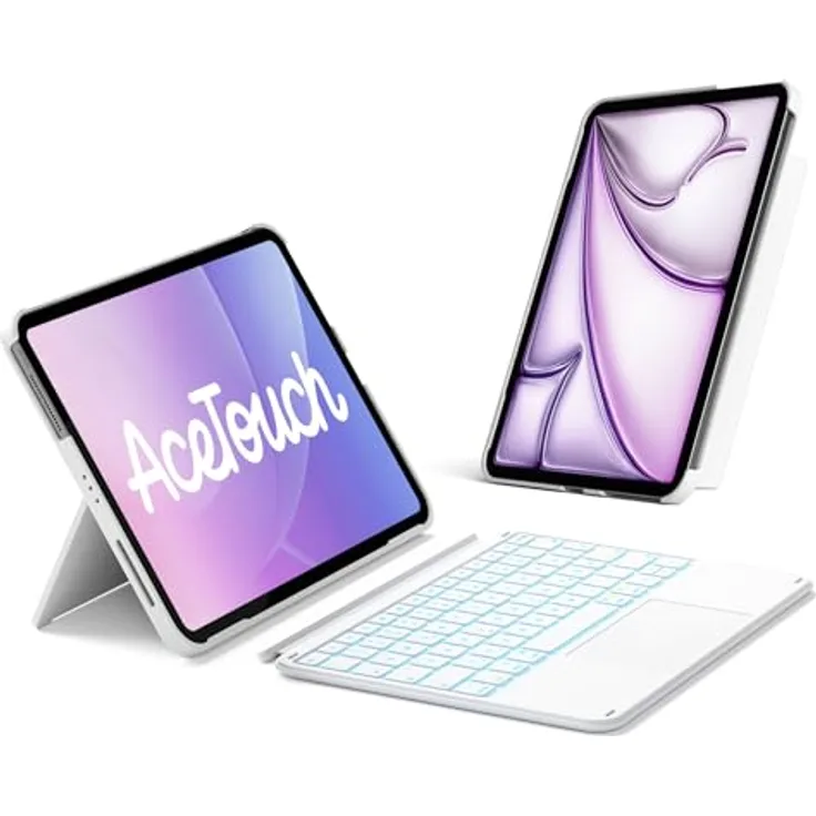 Inateck Hülle mit Tastatur, Ultraleichte QWERTZ-Tastatur für iPad 11/10 Gen A16 2025, iPad Air 11" M3/M2, 7-Farbige Beleuchtung, Abnehmbar, Weiß