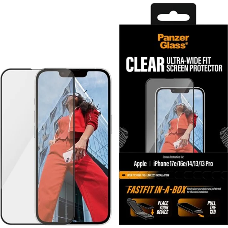 PanzerGlass Screen Protector für iPhone 17e | 16e | 14 | 13 | 13 Pro, Ultra-Wide Fit mit FASTFIT IN-A-BOX System, Kratzfest und Anti-Fingerprint