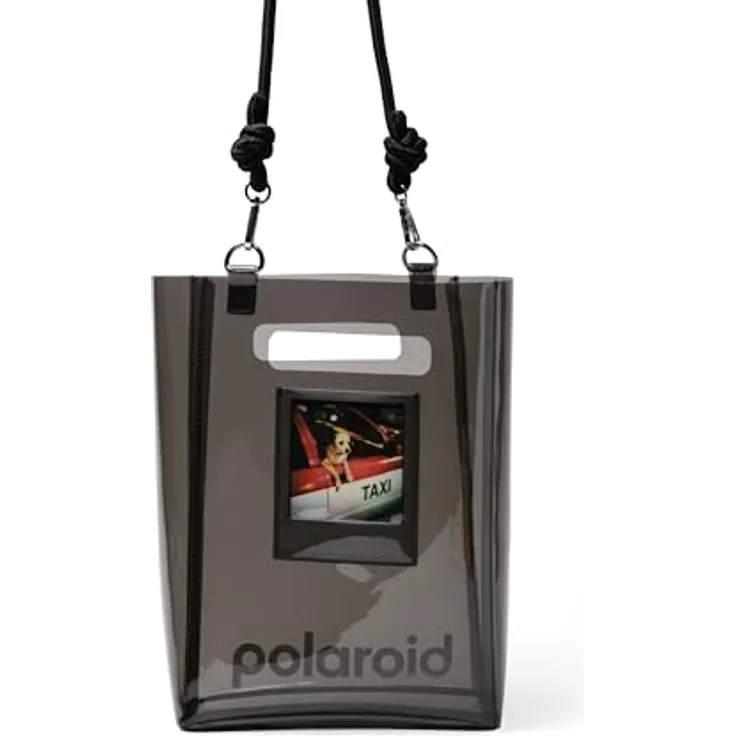 Polaroid Recycled TPU Bucket Bag - Black, Clear TPU Design, Display Holder, Removable Straps, Rope Crossbody Strap