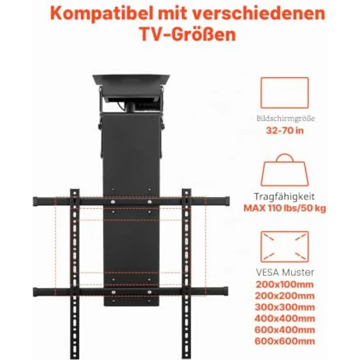 VEVOR motorisierte TV Deckenhalterung, elektrisch höhenverstellbar für 32-70 Zoll Fernseher bis 50 kg, mit max. VESA 60 x 60 cm und Neigungswinkel bis -75° – Bild 3