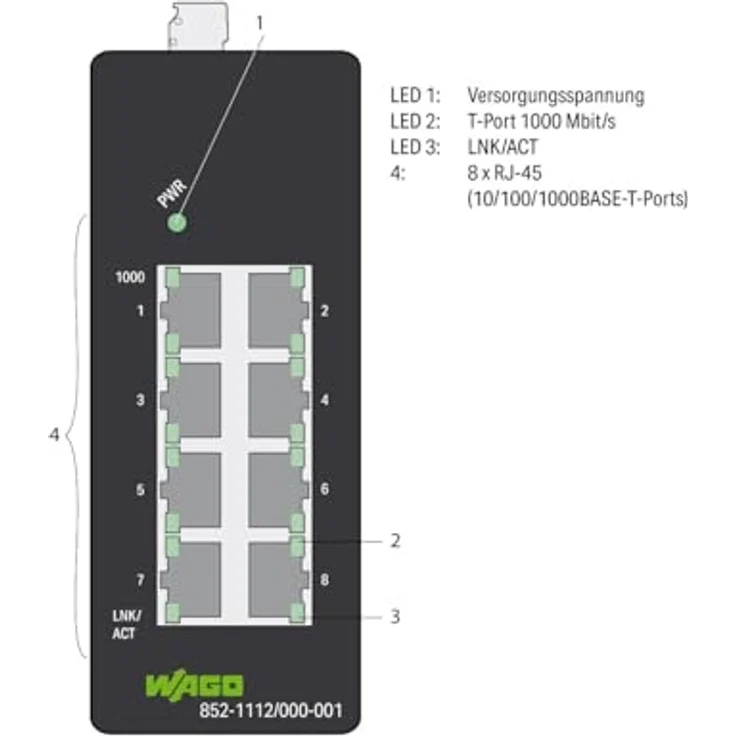 WAGO Industrial-ECO-Switch 852-1112/000-001 | mit 8 ETHERNET‐Ports 10/100/1000 MBit/s Autonegotiation und Diagnose-LEDs auf der Vorderseite, unterstützt bis zu 8000 absolute MAC‐Adressen, schwarz – Bild 5