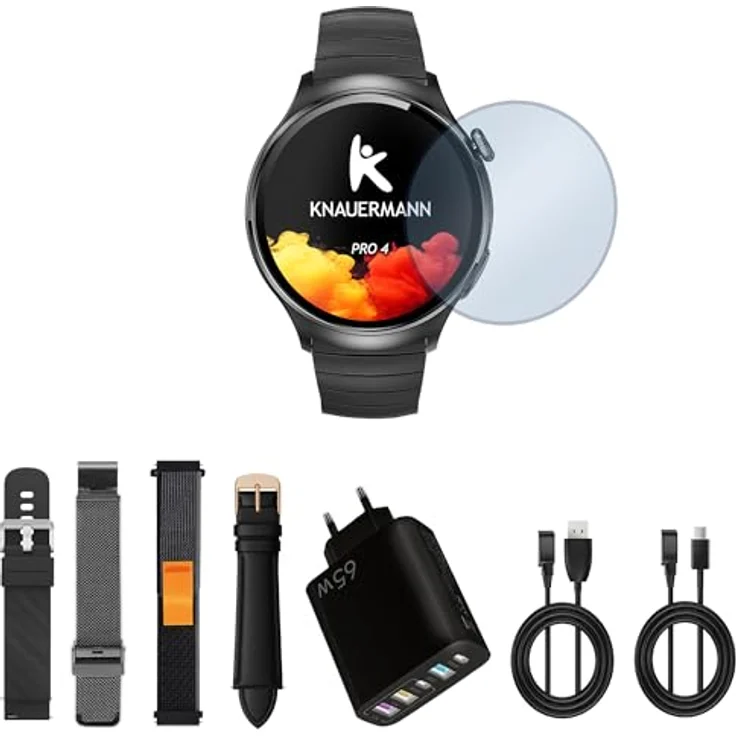 Knauermann PRO 4 EKG-Gesundheitsuhr, Smartwatch in Schwarz mit telefon Funktion, Puls- und Blutdruckmessung, Blutsauerstoffanalyse, HRV, Schlafanalyse, Premium-Set mit 5 Armbändern – Bild 1