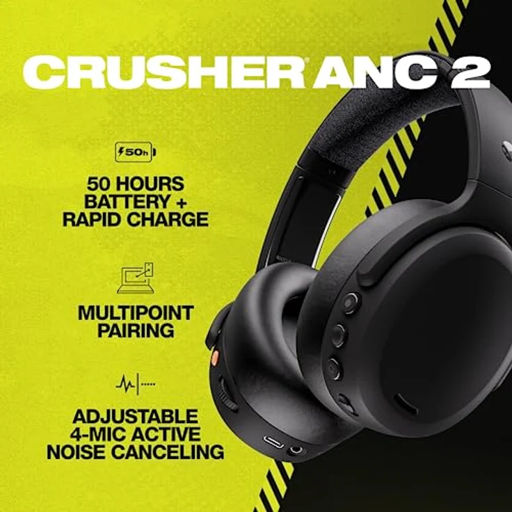 SKULLCANDY Skulcandy Crusher ANC 2 Bluetooth Noise Cancelling Kopfhörer / 50 Stunden Akku/Extra Bass Tech/Verwendung mit Android und iPhone/Mit Mikrofon/Wireless Kopfhörer Noise Cancelling - Schwarz – Bild 2