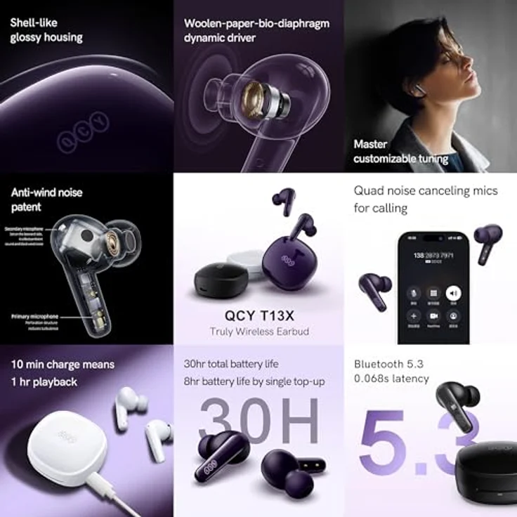 QCY T13X Tws Bluetooth 5.3 Kopfhörer - Schwarz mit Windgeräuschunterdrückung – Bild 5