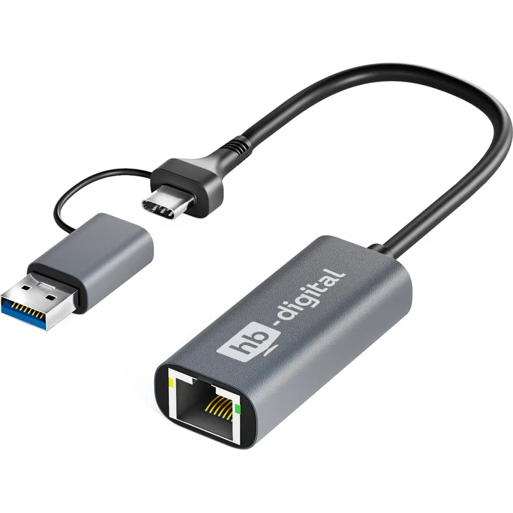 hb-digital USB-C® auf Ethernet Adapter mit USB 3.0, Gigabit Netzwerkgeschwindigkeit, Aluminiumgehäuse, kompatibel mit PC und mobilen Geräten