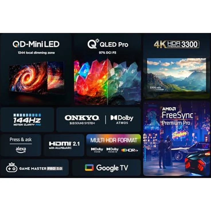 TCL 65Q10B 65 Zoll QLED PRO MiniLED Fernseher, 4K UHD, 4K HDR Premium 3300nits, Smart Google TV mit 144Hz Motion Clarity Pro und Onkyo 2.1.2 Dolby Atmos Sound – Bild 3