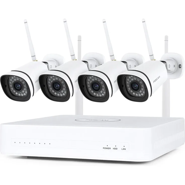 Foscam FN8108W-B4-1T, Sicherheitskamera-Set mit 4 kabellosen 3 MP Kameras, 1 TB Speicher, Nachtsicht bis 30 m, WLAN, Mesh-Netzwerk, Wetterfest, Weiß