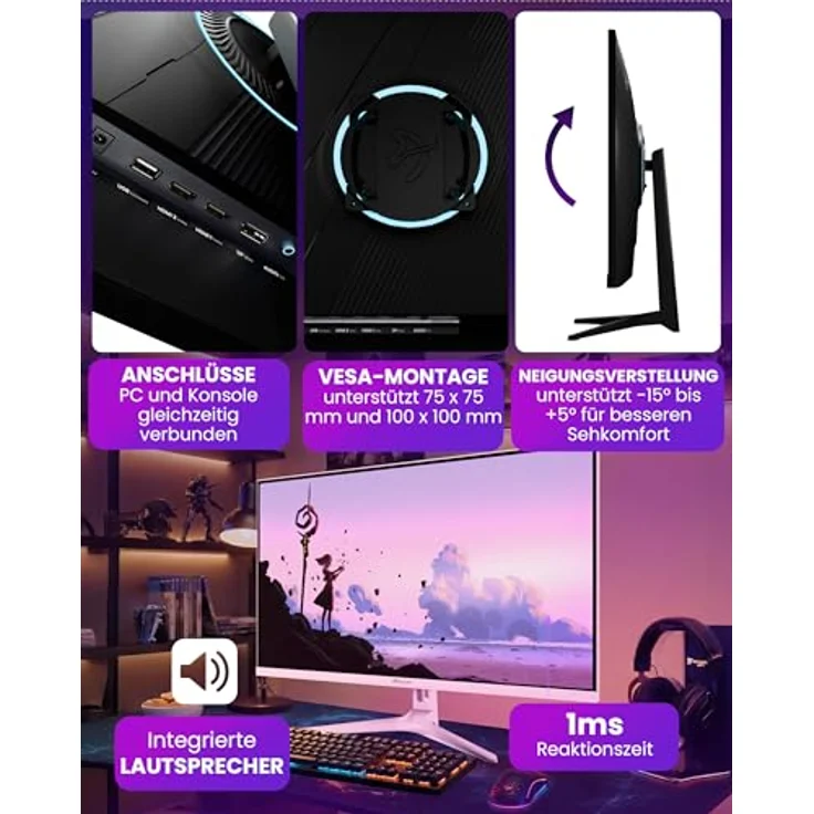 Arozzi Nova 32 Zoll Gaming Monitor, 180Hz QHD, 1ms Reaktionszeit, IPS-Panel, rosa – Bild 3