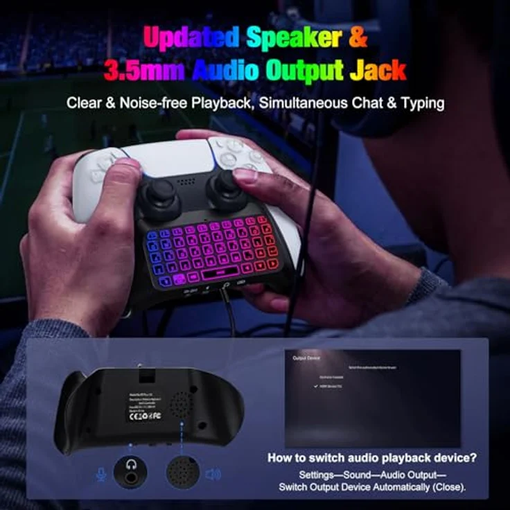 MoKo RGB Hinterlicht Tastatur für PS5-Controller, Bluetooth Kabellos mit integriertem Lautsprecher und 3,5-mm-Audiobuchse, schwarz – Bild 4