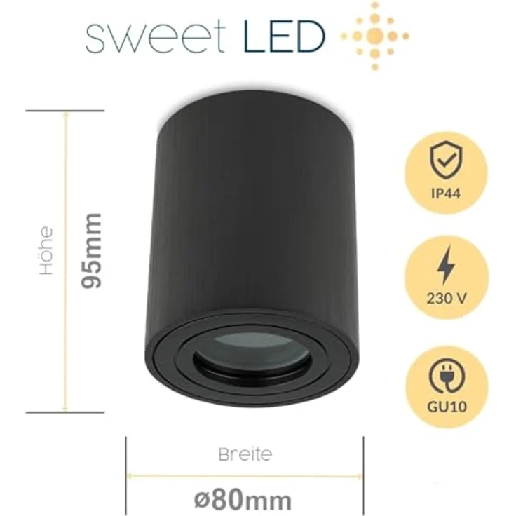 Sweet Led 4 Stück Aufbaustrahler Bad IP44 Aluminium GU10 Deckenspot 95mm Feuchtraum Badezimmer Nassbereich Aufbauleuchte 230V Aufbauspot – schwarz gebürstet, rund – Bild 4