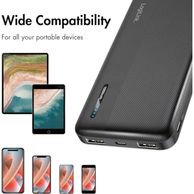 LogiLink PA0338RF Powerbank 10.000 mAh, Schnellladen, 2x USB-A, 1x USB-C, kompakt, schwarz – Bild 5
