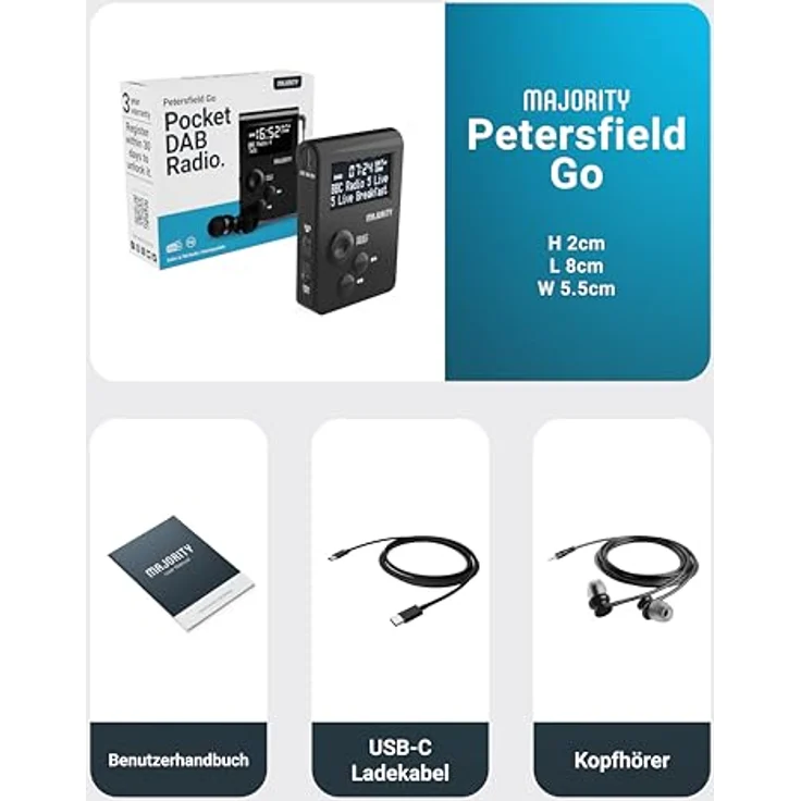 Majority Petersfield Go Original Pocket DAB Radio, tragbares DAB+/FM-Radio mit wiederaufladbarem Akku und 20 Senderspeichern – Bild 7