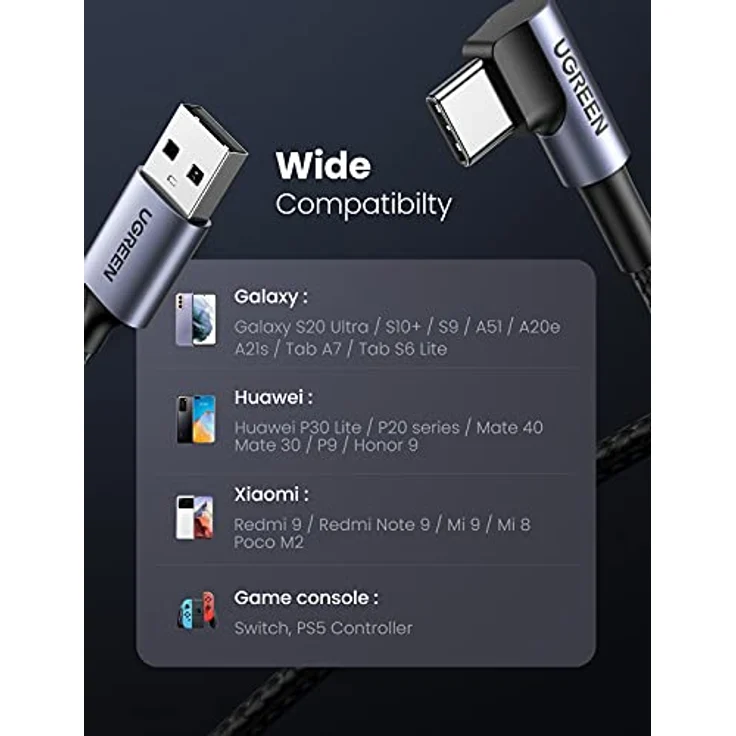 Ugreen USB-A auf USB-C Winkelkabel, 3m Länge, 3A Unterstützung, grau, Nylon geflochten – Bild 7