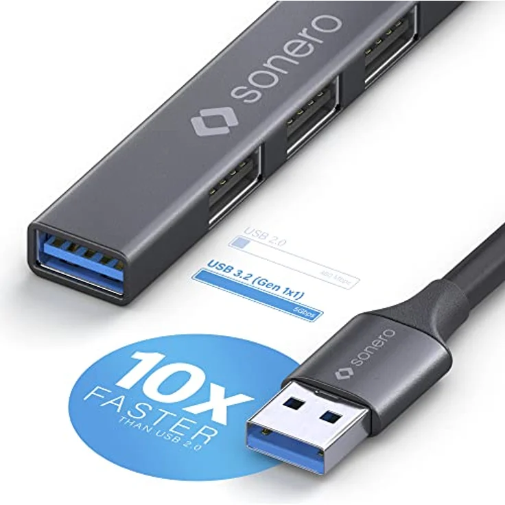 Sonero USB-Hub, USB-Verteiler, 4-Port, 1x USB 3.2 mit 5 GB/s, 3X USB 2.0 mit 480 MB/s, USB-A Stecker, Ultra Slim, Space Grey, 0,15m, S-UH100-001 – Bild 3