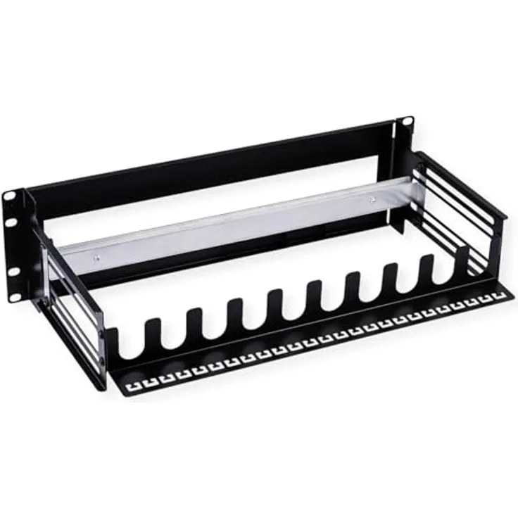 VALUE 19"-Tragrahmen für Hutschienengeräte, 3HE, schwarz - VALUE 19"-Halterung für DIN-Schienen-Komponenten mit Kabel-Zugentlastung, 3 HE, bis 6 kg Traglast