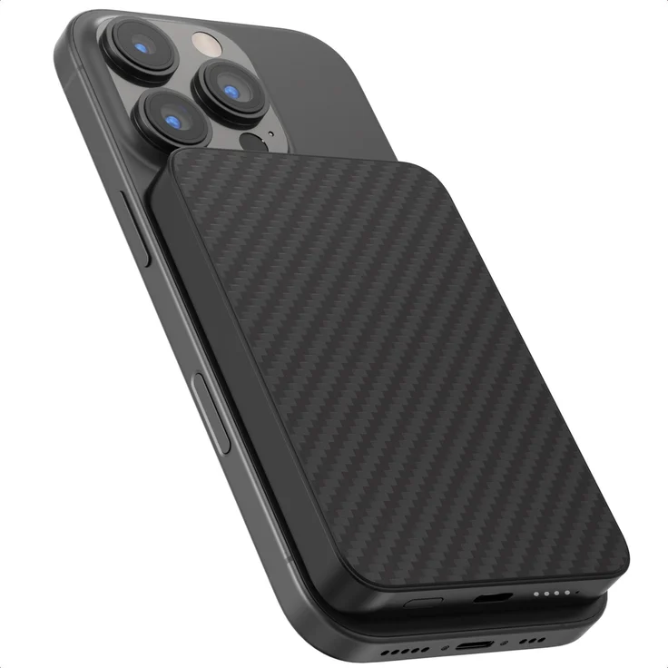 Accezz Polyamid Powerbank 5.000 mAh, Wireless Ladegerät mit MagSafe und Qi, Schwarz