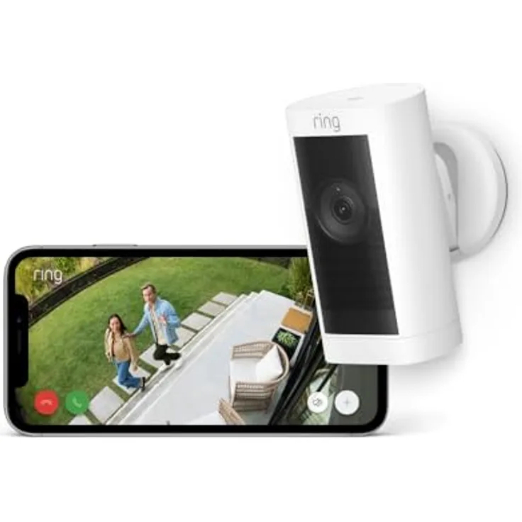 Ring Stick Up Cam Pro | Überwachungskamera aussen mit 1080p-HDR-Video, WLAN, 3D-Bewegungserfassung | Alexa-kompatible Sicherheitskamera (Akku-Variante), weiss