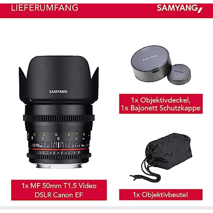 Samyang 50-1,5 Objektiv Video DSLR Canon EF manueller Fokus Videoobjektiv 0,8 Zahnkranz Gear, Porträtobjektiv schwarz – Bild 5