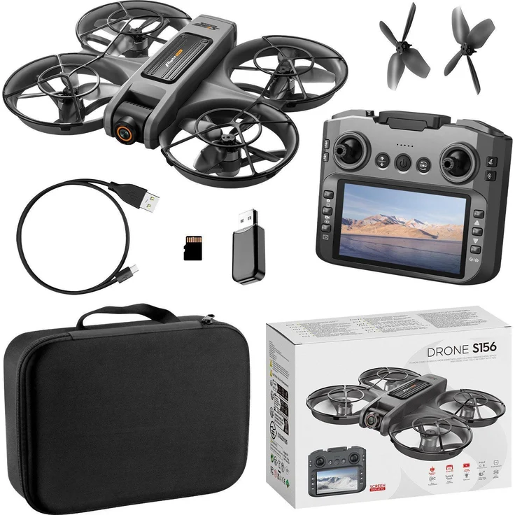 Goldstern-Tech S156 RC-Quadrocopter, Kameradrohne mit Dualkamera, 90° Neige, 50x Zoom, 12,5-cm HD-Display-Fernsteuerung, 3 Akkus, grau/orange