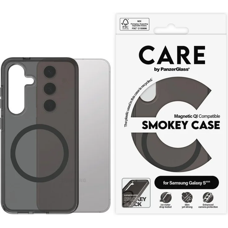 CARE by PanzerGlass Smokey Handyhülle für Samsung Galaxy S25, Magnetisch, QI-kompatibel, Stoßfest, Recyceltes Plastik