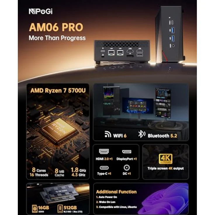 NiPoGi AM06 PRO Mini PC, AMD Ryzen 7 5700U, 16GB DDR4, 512GB M.2 SSD, 4K Triple Display, WiFi 6, Dual LAN, für Schule/Büro – Bild 3