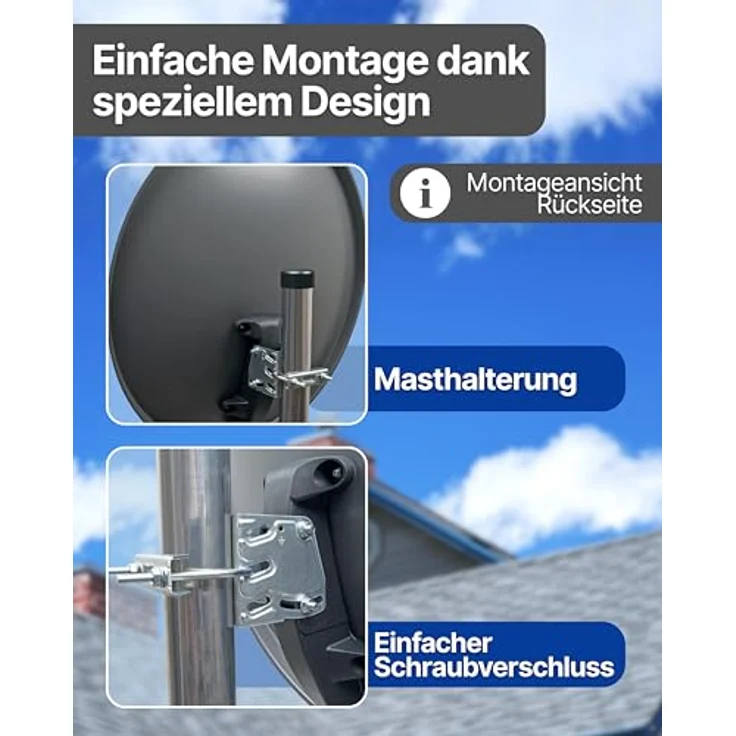 SCHWAIGER Satellitenschüssel Ø 55 cm, anthrazit, Stahl Offset Antenne mit 35,2 dB Empfangsleistung, wetterfest, Multifeed geeignet, LNB Tragarm & Masthalterung – Bild 4