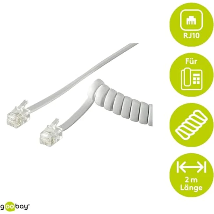 Goobay 68601 Telefonhörer Spiralkabel, Flachkabel mit RJ10-Stecker (4P4C) auf RJ10-Stecker (4P4C), Weiß, 4 Meter – Bild 3